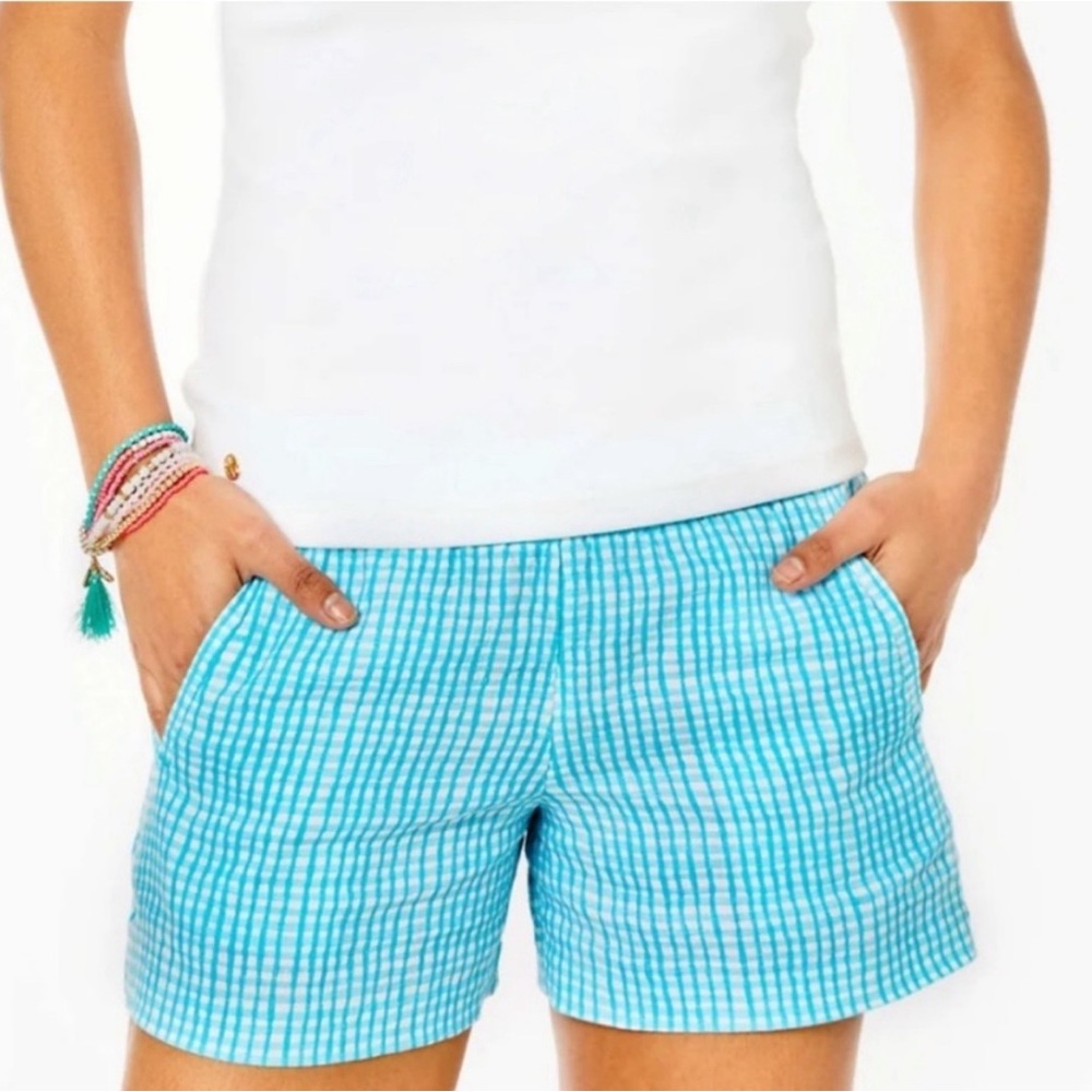 Lilly Pulitzer Lagoon Linen Seabreeze Blue Along The Same Line Shorts Medium.